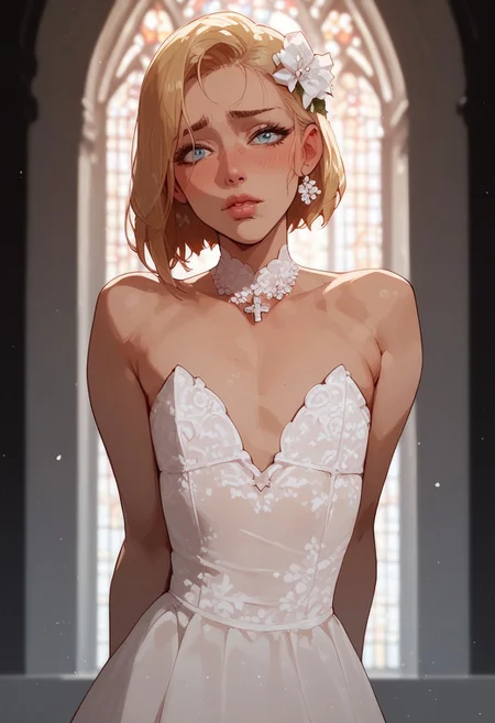 score_9, score_8_up, score_7_up, score_6_up, 2d, (detailed:1.1), (highres, best quality:1.2), hyperdetailed, shallow depth of field, dim lighting, godrays, DOF, aperture. Create 1femboy, (skinny:1.2), slim body, flat chest under clothing, open chest, cleavage, standing, at altar, white dress, wedding dress, tight dress, blonde hair, longe hair, beautiful stylish hair, shy look, embarrassed, looking at viewer, solo, in church, sun light,