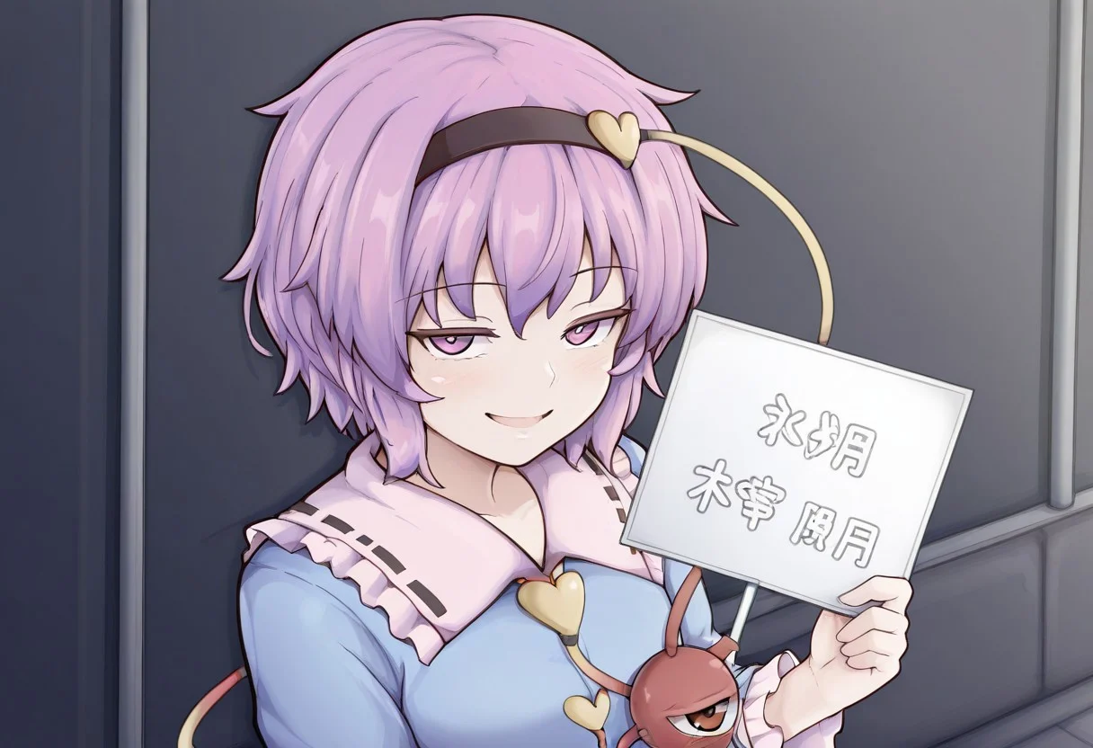 best quality, hires,
1girl, solo,
komeiji satori, holding sign board, (white sign board:1.2), smile, open mouth,