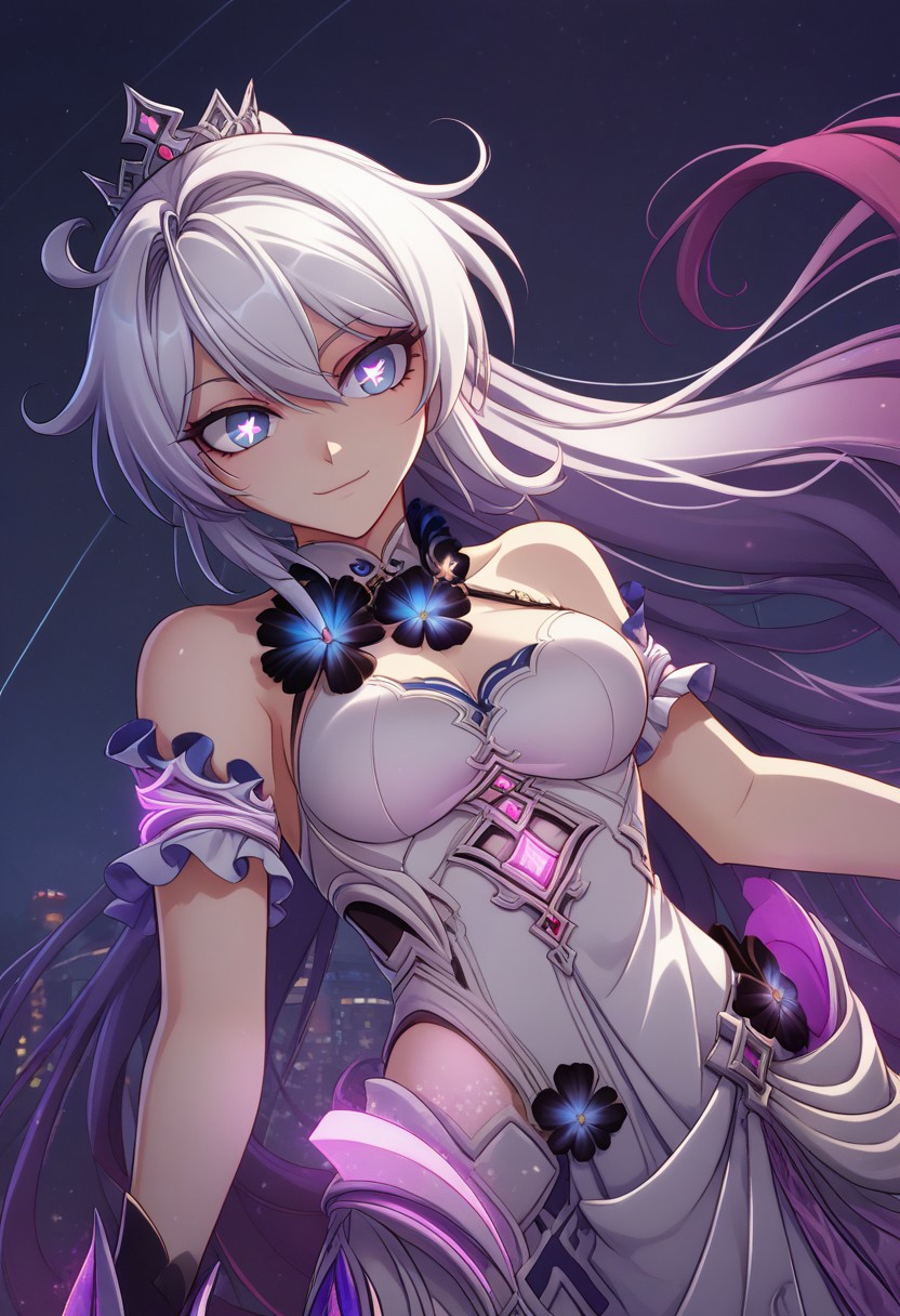 score_9, score_8_up, score_7_up,  kagami hirotaka style, 1girl,blue eyes, star-shaped pupils, symbol-shaped pupils Kiana, kiana kaslana, white hair, super cute smiling, dancing, very long hair, medium breasts, long hair, Hofi_Def, two-tone hair, purple hair, ponytail, crown, jewelry, gem, white dress, sleeveless dress, cleavage cutout, halterneck, black flower, open skirt, black gloves, white skirt, bare shoulders, purple inner skirt, clothing cutout, detached sleeves, frilled sleeves, short sleeves, , the matrix, gloves, glowing, neon lights, green theme,