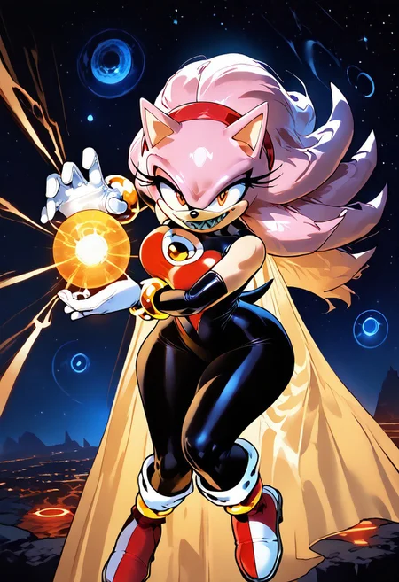 score_9, score_8_up, score_7_up , masterpiece,
Kamehameha-Trow,outstrecthed arms,palms facing forward,fingers slightly curled,claw-like gesture, yellow Energy sphere, holding energy sphere,holding a glowing orb, yellow light, yellow ring,
,beautiful,1 girl, solo. big breast, wide hips, sonic the hedgehog,
Possesed_AmyEXE, 1girl,long hair, smile, gloves, animal ears, pink hair, sidelocks, hairband, boots, teeth, shiny, white gloves, sharp teeth,furry, large eyes, furry female, red hairband, body fur, animal nose, two-tone fur, pink fur, wild Red eyes, flying,
, SinestronCOS,thighhighs,violet gloves,skin tight,bodysuit,superhero,black bodysuit,yellow bodysuit,sinestrocorps symbol on chest, , knee boots, white boots,sinestrocorps symbols on chest, anime art style, starry background, outerspace,