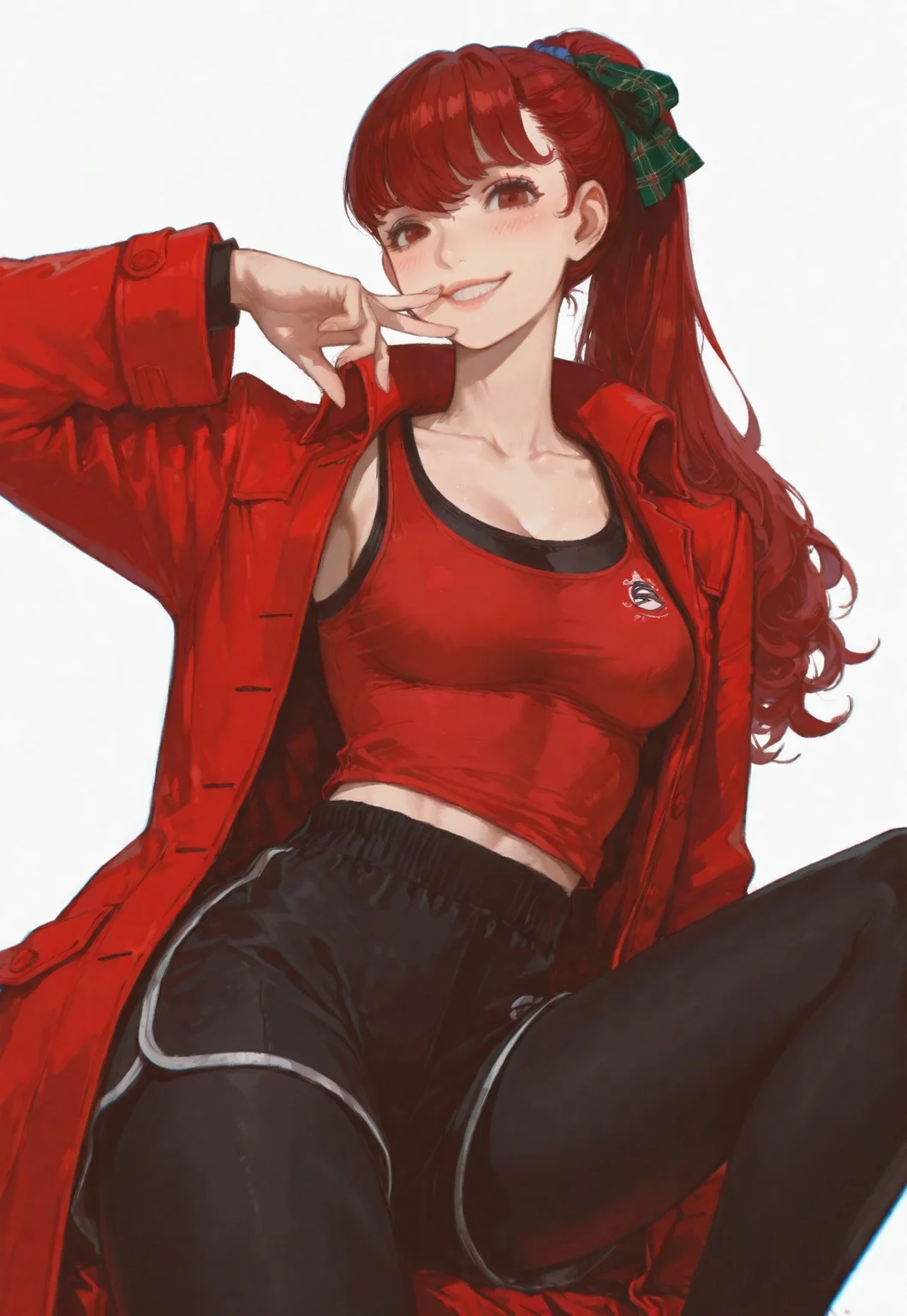 masterpiece,best quality,amazing quality, absurdres, volumetric lighting, chromatic aberration, 4k, intricate details,
1girl, solo, slender body, (medium breasts), p5yoshizawa, long hair, red hair, bangs, ponytail, bow, hair bow, green bow, plaid bow, p5yoshizawa-workout, sportswear, scrunchie, blue scrunchie, tank top, red tank top, layered shirt, sports bra, black sports bra, black shorts, short shorts, legwear under shorts, collarbone, black leggings, p5yoshizawa-coat, coat, red coat, long sleeves, knee shot, looking at viewer, sexy pose, blush, smile, teeth, plain white background, ((celshaded, lineart)), cannedmos, 69yottea_style_illu, 7481llu,