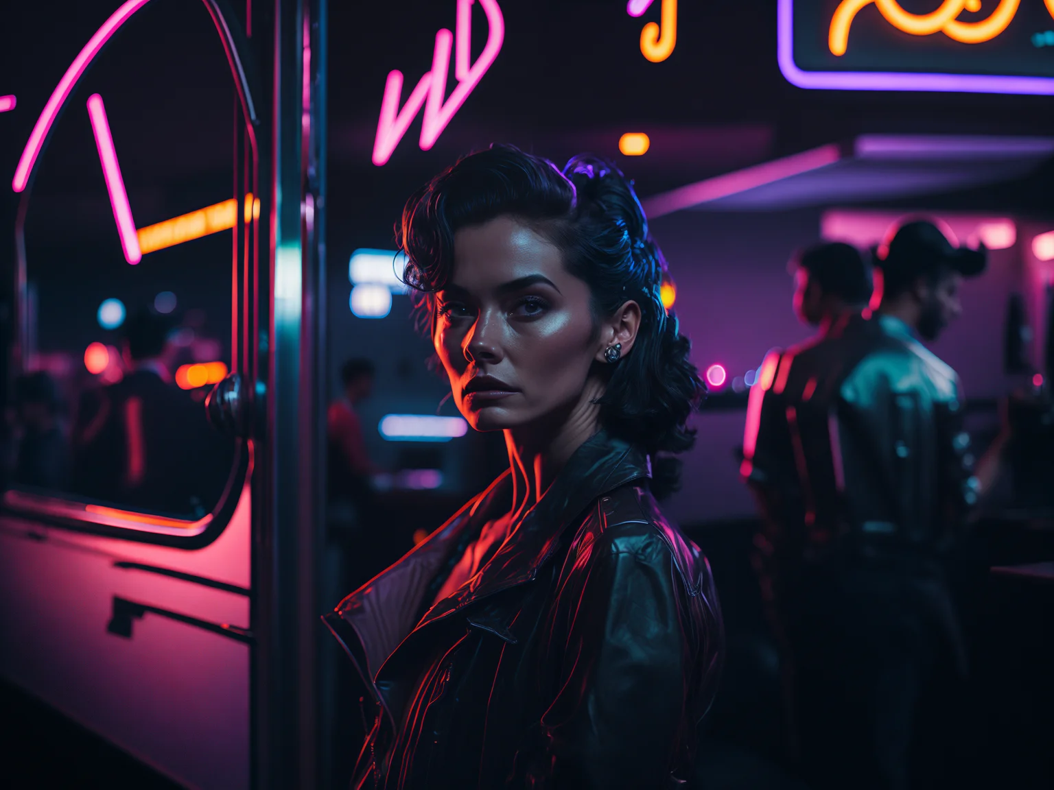 award winning cinematic photo of woman standing outside a 50s diner, neon signs, neon light, rainbows, shiny, reflective, rtx, disco diffusion, synthwave, bokeh background, reflections, black background, rtx, unreal, octane render, 4k