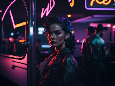 award winning cinematic photo of woman standing outside a 50s diner, neon signs, neon light, rainbows, shiny, reflective, rtx, disco diffusion, synthwave, bokeh background, reflections, black background, rtx, unreal, octane render, 4k