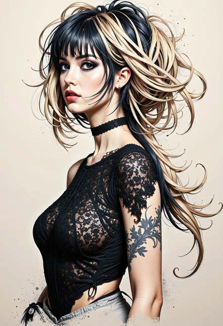masterpiece, monochrome ink and crayon art with spot colour, oriental barbarian warrior woman in lace and leather, died blonde hair with dark roots, bangs, dark eye make-up, red lips, HD32K, wallpaper, hyperdetailed, inspired by Luis Royo artwork