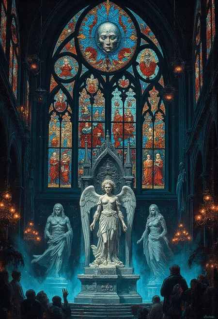 An immense cathedral made of stained glass panels refracting fractured twilight into vibrant but unsettling colors, the air inside is dense with frost and shimmering motes of ice dust, anguished cherub statues with cracked porcelain faces weep molten gold from their hollow eyes, suspended chandeliers of icicles glint with ethereal light, spectral priests shrouded in frosty chains drift silently through the frozen sanctuary, the style evokes the intricate, gothic details of Hieronymus Bosch with haunting religious overtones, blending hyper-detailed architecture with grotesque, otherworldly beings, the colors are vivid but cold, like stained-glass brought to life in an ominous palette.
, Vibrant, grotesque, and surreal with bold contrasts, heavy black outlines, and a blend of dreamlike autumnal hues; a mix of neon, retro, and pagan elements, inspired by Sean Aaberg’s punk-infused, chaotic energy and dreamcore's eerie, nostalgic undertones