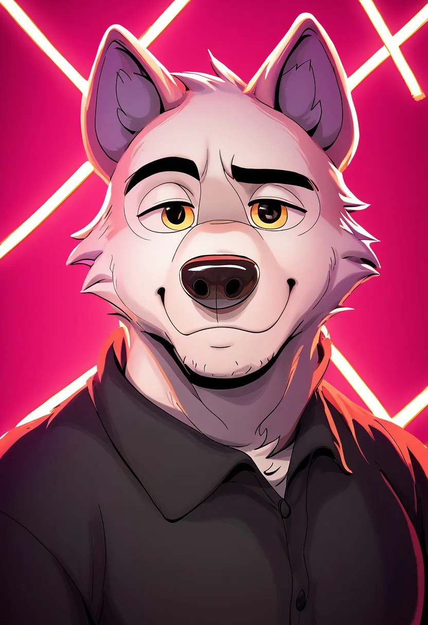 Masterpiece, score_9, score_8_up, beautifully detailed,(  lines_light_background:1.4), (big white lines background:1.2), neon light background, gradient orange to brown background, white dog, gh0stfood, shirt, male, anthro, muscular, mature