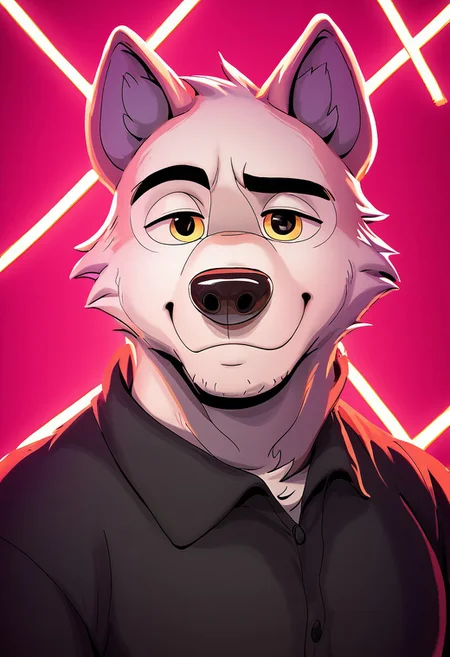 Masterpiece, score_9, score_8_up, beautifully detailed,(  lines_light_background:1.4), (big white lines background:1.2), neon light background, gradient orange to brown background, white dog, gh0stfood, shirt, male, anthro, muscular, mature