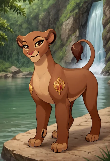 score_9, score_8_up, score_7_up, by reallynxgirl, BREAK, solo, rani, lioness, ((feral)), female lion, fullbody, brown body, reddish brown eyes, smiling, seductive pose, detailed background, (seductive pose:1.2), (raised tail:1.6), lake, waterfall background, detailed background, front view, (seductive face), (teasing), (looking at viewer)