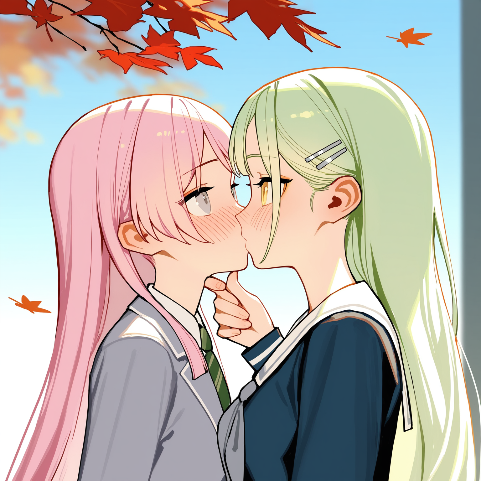 <lora:MyGo_IlluXL:0.1>, 2girls, yuri, kiss, blurry background, blue sky, autumn leaves, falling leaves, upper body, masterpiece, best quality, [[tianliang duohe fangdongye]], (rhasta:0.5), (fkey:0.3), highres, very aesthetic, absurdres, blush, 
BREAK <lora:chihaya_anon_IlluXL:0.6>, chihaya anon, haneoka school uniform, grey jacket, blazer, long sleeves, white shirt, green necktie, diagonal-striped necktie, grey eyes, looking at another, hand on another's chin,
BREAK <lora:wakaba_mutsumi_IlluXL_v0.1:0.7> , wakaba mutsumi, school uniform, serafuku, long sleeves, standing, white sailor collar, blue shirt, grey neckerchief, long hair, silver hairclip, yellow eyes, looking at another, light green hair,