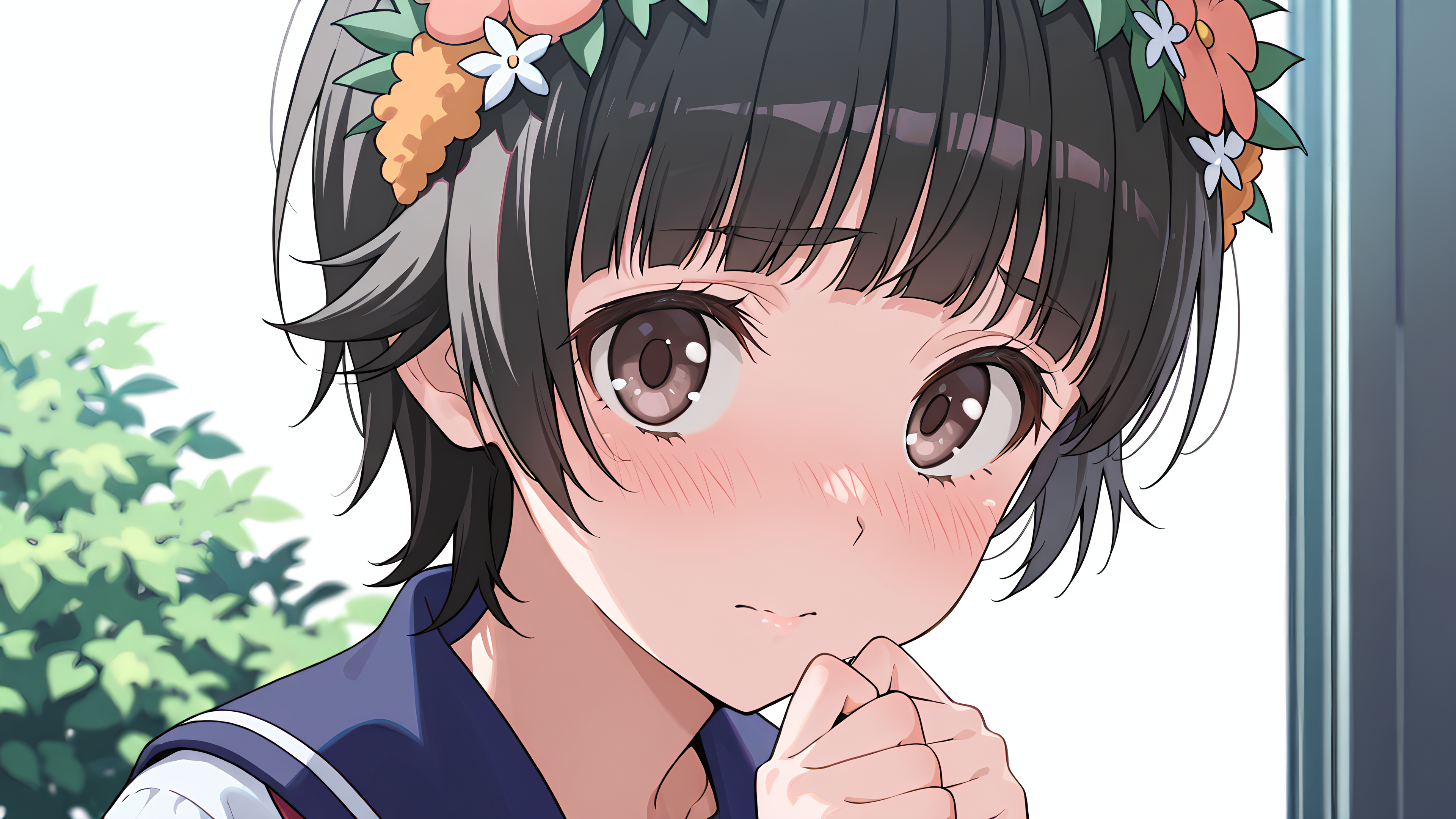 masterpiece, best quality, absurdres, highres, detailed eyes, detailed background, perfect eyes,uiharu kazari,1girl,solo,school uniform,standing,shy,face focus,from side,outside,close up,looking at viewer, <lora:Uiharu Kazari:0.65> u1haru_kazar1,head wreath,hair ornament,uiharu kazari, hair flower,black hair, short hair