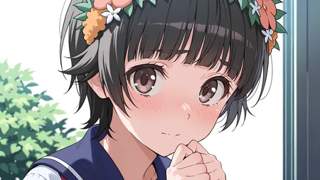 masterpiece, best quality, absurdres, highres, detailed eyes, detailed background, perfect eyes,uiharu kazari,1girl,solo,school uniform,standing,shy,face focus,from side,outside,close up,looking at viewer, <lora:Uiharu Kazari:0.65> u1haru_kazar1,head wreath,hair ornament,uiharu kazari, hair flower,black hair, short hair