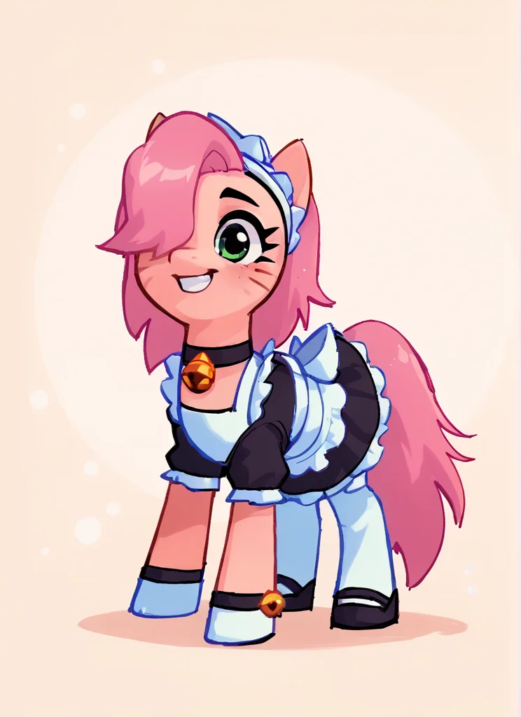 score_9, score_8_up, score_7_up  , <lora:pawlette:1> 1girl, pawlette ,animal ears, cat tail , pink hair,  hair over one eye, maid headdress,  bracelet  ,necklace,  neck bell,  maid,  short dress,  White Stockings , paw gloves,solo  ,   smile ,  <lora:SyrupyyyArt:1>syrupyyy   , (horse girl:1.2),  pony girl , pony