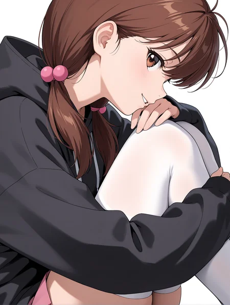 masterpiece,best quality,newest,
1girl,solo,
<lora:yukimura_keiko_ilxl_v1.1:0.9>,y_keiko,brown eyes,bangs,brown hair,low twintails,hair bobbles,
black hoodie,skirt,sleeves past wrists,white_thighhighs,hugging own legs,<lora:Fixhands_anime_bdsqlsz_V1:1>,upper_body,sideways_glance,looking_at_viewer,white_background,simple_background,profile,smile,parted lips,head rest,