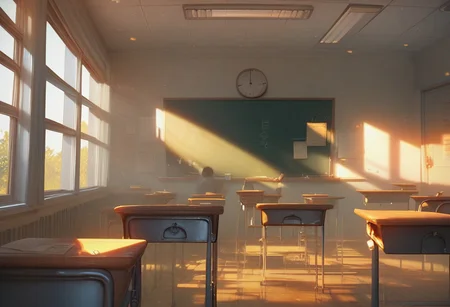 score_9, score_8_up, score_8. score_9, score_8_up, score_7_up, (masterpiece), 4k, ExpressiveH, SimpleNegativeV3, OverallDetail, anime, dynamic lighting, cinematic lightning, ((detailed background, detailed room, classroom, desk, tall windows,)), desk, chalkboard, empty classroom, chairs,