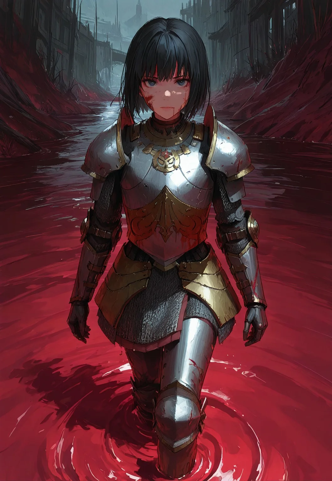 masterpiece, good quality, best quality, 2d, anime, Repanse, black hair, short hair, armor, solo, knee deep in a river of blood, looking at viewer, dazed look, bloody armor, blood on face, dragon overhead
<lora:RepansedeLyonesse_Vpred:0.8>