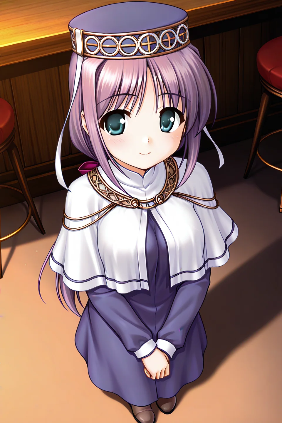 masterpiece, best quality, absurdres, official art, official style, rating generael BREAK <lora:lavria_IL_v1-1:0.7>, lavria, 1girl, solo, aqua eyes, green eyes, purple hair, very long hair, parted bangs, hair intakes, sidelocks, low ponytail, pink bow, medium breasts, hat, hair bow, hat ribbon, white ribbon, headdress, priest, nun, necklace, habit, white capelet, purple dress, long dress, long sleeves, shoes, boots, brown footwear, full body, own hands together, looking at viewer, light smile, blush, v arms, own hands clasped, from above, bar \(place\)