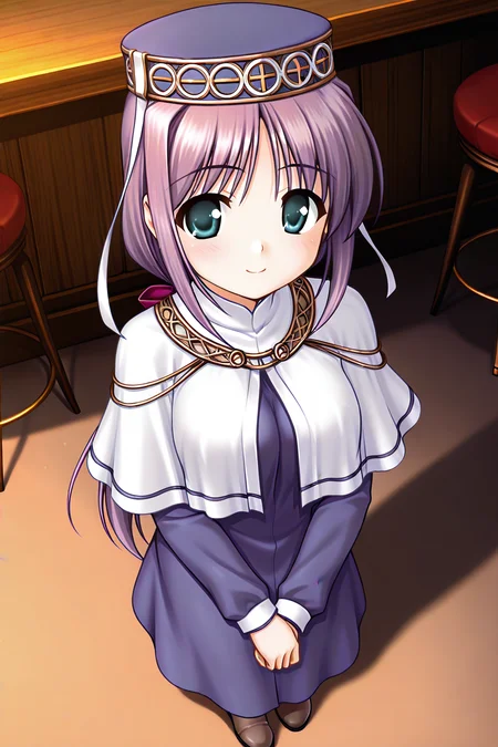 masterpiece, best quality, absurdres, official art, official style, rating generael BREAK <lora:lavria_IL_v1-1:0.7>, lavria, 1girl, solo, aqua eyes, green eyes, purple hair, very long hair, parted bangs, hair intakes, sidelocks, low ponytail, pink bow, medium breasts, hat, hair bow, hat ribbon, white ribbon, headdress, priest, nun, necklace, habit, white capelet, purple dress, long dress, long sleeves, shoes, boots, brown footwear, full body, own hands together, looking at viewer, light smile, blush, v arms, own hands clasped, from above, bar \(place\)