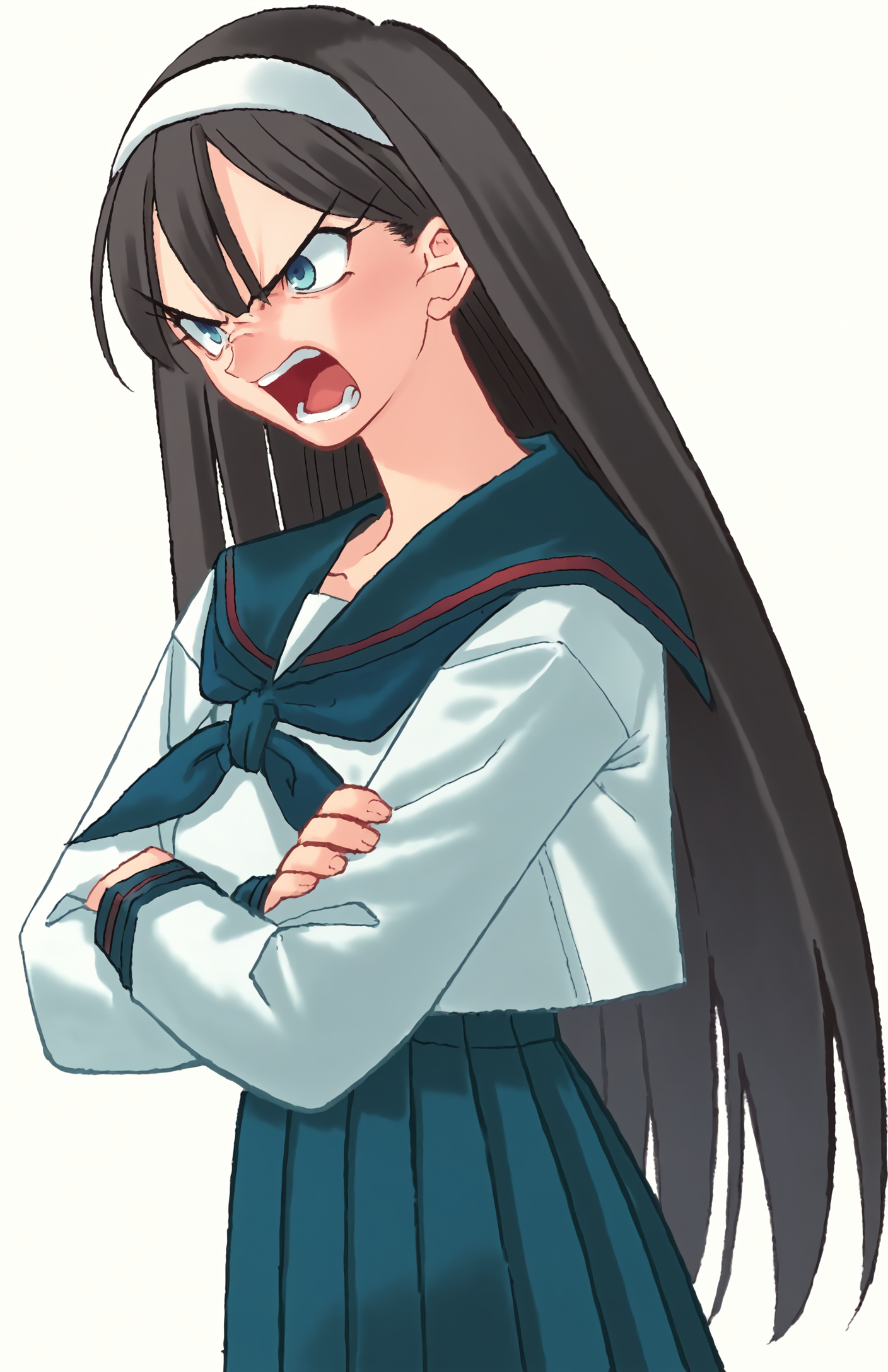 score_9, score_7_up,  1girl,  school uniform, white hairband, black hair, crossed arms, serafuku, long hair, angry, blue eyes, long sleeves, pleated skirt, open mouth, white background, simple background, blue skirt  <lora:Tsukihime style-000018:1>