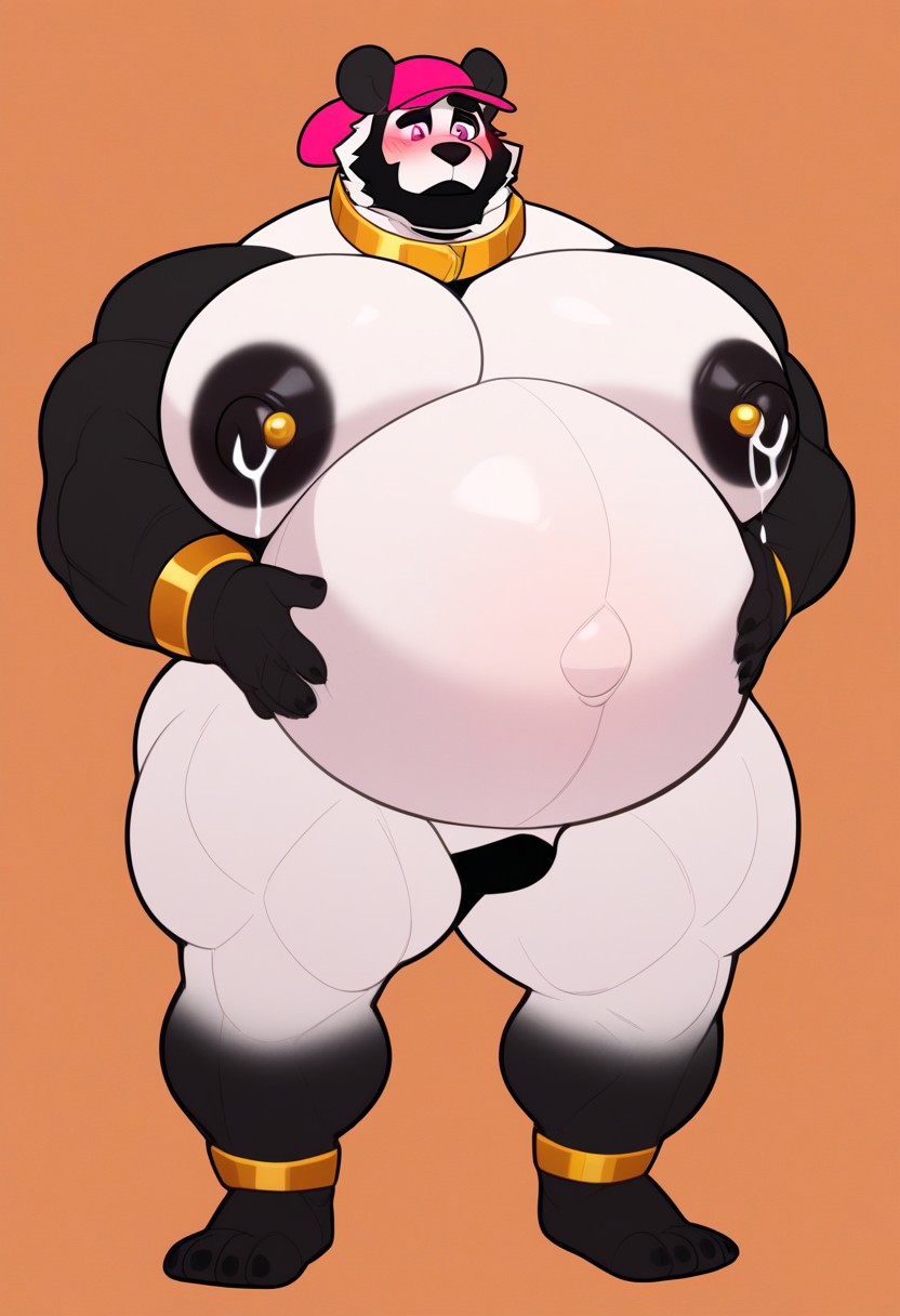 score_9, score_8_up, score_7_up, 2k, 4k, high res, 2d (artwork), Milkblend, solo, 1boy, pink eyes, wide eyes, looking down, flustered, 1boy, solo, panda, facial hair, black and white body fur, furry male, pink cap, blushing, andromorph, massive pecs, man tits, massive pussy, outside, orange background, standing, groping pecs, shirtless, erect nipples, massive nipples, nipple piercings, male lactation, muscular arms, muscular legs, overweight male, bottom heavy, thick thighs, large hips, pregnant male, Ovum, gold bracelets, gold ankle bracelets, gold collar