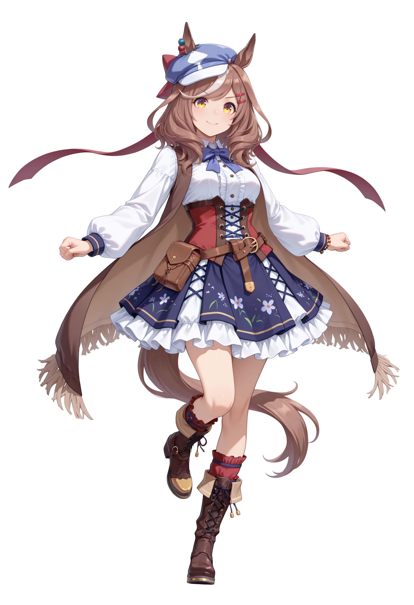 masterpiece, best quality, amazing quality, very awa, looking at viewer,
 <lora:Matikane Tannhause illu v3:1> 1girl, solo, looking at viewer, smile, simple background, brown hair, long sleeves, hair ornament, white background, animal ears, closed mouth, medium breasts, jacket, white shirt, full body, yellow eyes, white hair, multicolored hair, frills, boots, puffy sleeves, hairclip, medium hair, streaked hair, blue skirt, blue bow, horse ears, brown footwear, horse girl, leg up, standing on one leg, frilled skirt, horse tail, blue headwear, corset, clenched hands, blue bowtie, cabbie hat, belt pouch, ears through headwear, red socks, brown cape