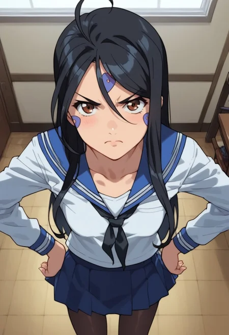 score_9, score_8_up, score_7_up, 1girl, extreme detail, standing, looking at viewer, thigh gap, sexy legs, three quarter picture, pantyhose, office background, hands on hips, scowl, view from above, petite, skinny, slim, small breasts, skuld, long hair, black hair, ahoge, facial mark, hair between eyes, brown eyes, school uniform, serafuku, sailor collar, blue sailor collar, skirt, blue skirt, long sleeves