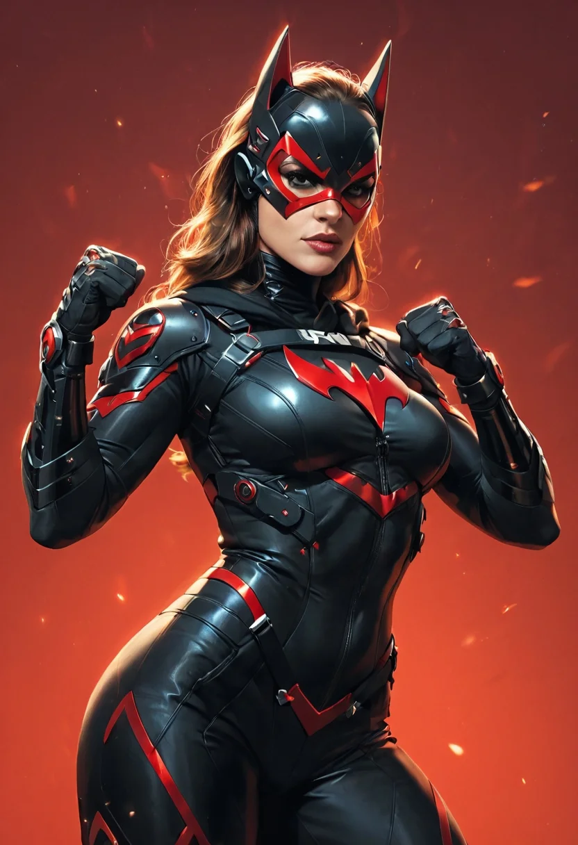 cinematic film still (batwoman:1.2) , (mask:1.3), dynamic pose, red gradient background, by greg rutkowski, .score_9, score_8_up, score_7_up,score_6_up, rating_safe