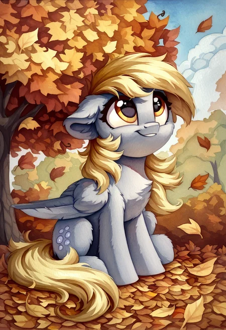 score_9, score_8_up, score_7_up, score_6_up, score_5_up, score_4_up, rating_safe, derpy hooves, female, mare, pegasus, pony, solo, autumn, cute, daaaaaaaaaaaw, floppy ears, fluffy, g4, high res, hnnng, leaves, precious, sitting, looking up, derpabetes, sweet dreams fuel, weapons-grade cute, smiling, watercolor painting, traditional art, detailed, beautiful, <lora:MLP_Watercolor_Painting_v1-000006:1>