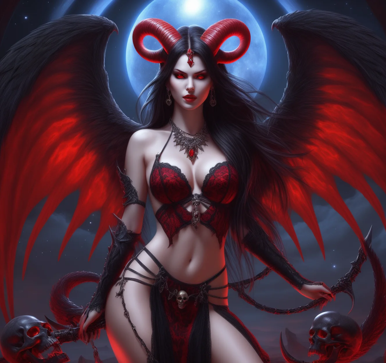 devilishly beautiful lilith, seduces, back view, symmetrical icon of hell, in preipodne, massive ornate sexy celestial demonic deity, athletic body, feline red eyes, ibex horns, long claws, red lace lingerie, skull necklace, bloody skull in hand, holding skull, (demonstrates skull), demanic wings behind her back, devil tail fallen angel, large breasts, lush ass, long red-black hair, in hell's lair, acrumented by jackals,
Extremely detailed high quality photo, realistic skin, sharp focus, realistic texture, 8k resolution. heavenly, celestial, stars, science fiction, high detail, LegendDarkFantasy, <lora:LegendDarkFantasy-000001:0.85> ,