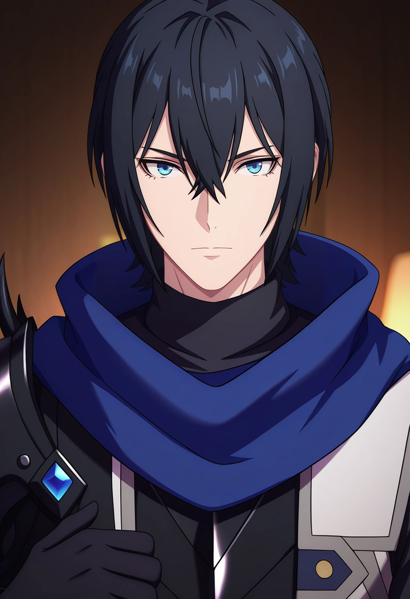 masterpiece, best quality, intricate details, (3d:0.4), looking at viewer, 1boy, solo, male focus, <lora:ren_amaki_ilxl:0.94>, ren_amaki, black hair, blue eyes, hair between eyes, blue scarf, black shirt, armor, black gloves,