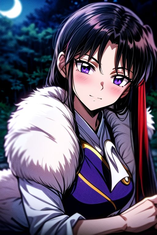 masterpiece,  best quality 1girl Setsun4 solo long hair,  (night time) forest background black hair very long hair purple eyes multicolored hair armor (fur trim) (medium body),<lora:EMS-179-EMS:0.800000>,<lora:EMS-293862-EMS:0.800000> bow, hair_bow, hair_tubes, red_bow, brown_hair, long_hair, bangs, ascot, frilled_bow, yellow_ascot, blush, smile, hair_between_eyes, athletic, armor, miko, ,(((intricate outfit,intricate clothes,embroidered outfit,ornate outfit,embroidered clothes,ornate clothes))), laying down, lying down