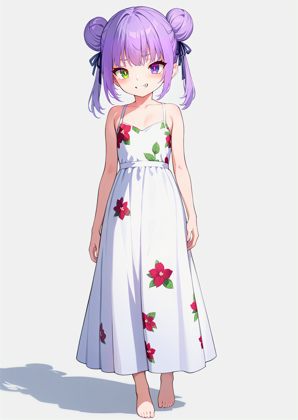 (best quality, masterpiece:1.2),
full body, 
1girl, solo,
petite, double bun, 
purple hair, hair ribbon, two-tone hair,  looking at viewer, 
multicolored eyes, green eyes, purple eyes, white pupils,  heterochromia,
floral print, long dress, white dress, 
barefoot, 
standing, 
highres,sharp focus,Professional,Impasto,
front view,medium view,
reality_ray_tracing,ambient_light,
simple background, grey background, 
<lora:ASYLJ77-000009-XL-02:0.9>