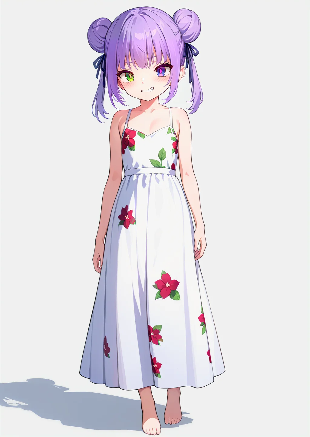 (best quality, masterpiece:1.2),
full body,
1girl, solo,
petite, double bun,
purple hair, hair ribbon, two-tone hair, looking at viewer,
multicolored eyes, green eyes, purple eyes, white pupils, heterochromia,
floral print, long dress, white dress,
barefoot,
standing,
highres,sharp focus,Professional,Impasto,
front view,medium view,
reality_ray_tracing,ambient_light,
simple background, grey background,
<lora:ASYLJ77-000009-XL-02:0.9>