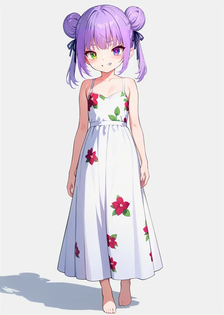 (best quality, masterpiece:1.2),
full body,
1girl, solo,
petite, double bun,
purple hair, hair ribbon, two-tone hair, looking at viewer,
multicolored eyes, green eyes, purple eyes, white pupils, heterochromia,
floral print, long dress, white dress,
barefoot,
standing,
highres,sharp focus,Professional,Impasto,
front view,medium view,
reality_ray_tracing,ambient_light,
simple background, grey background,
<lora:ASYLJ77-000009-XL-02:0.9>