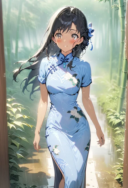 gorgeous lips, cinematic, (masterpiece), (best quality), (ultra-detailed), very aesthetic, illustration, perfect composition, intricate details, absurdres, detailed face, (anime, masterpiece, intricate:1.3), (best quality, hires textures, high detail:1.2)side angle, from the side, outdoors
BREAK, a anime girl with very long black hair, straight hair styled in a half up do, Chinese bamboo forest, 1girl, solo, side swept bangs, medium breasts, long hair, black hair, looking at up, walking, blue long flowing silk cheongsam, XCYP Cheongsam beauties, sapphire necklace, hair ribbon, blue back head hair bow, smiling, hair blowing in the wind, cheongsam blowing in the wind, blush, full shot, collarbone, plants, brown eyes, perfect eyes, beautiful creek in the background, afternoon time, raining, heavy rain, wet hair, cinematic lighting, dolly shot,