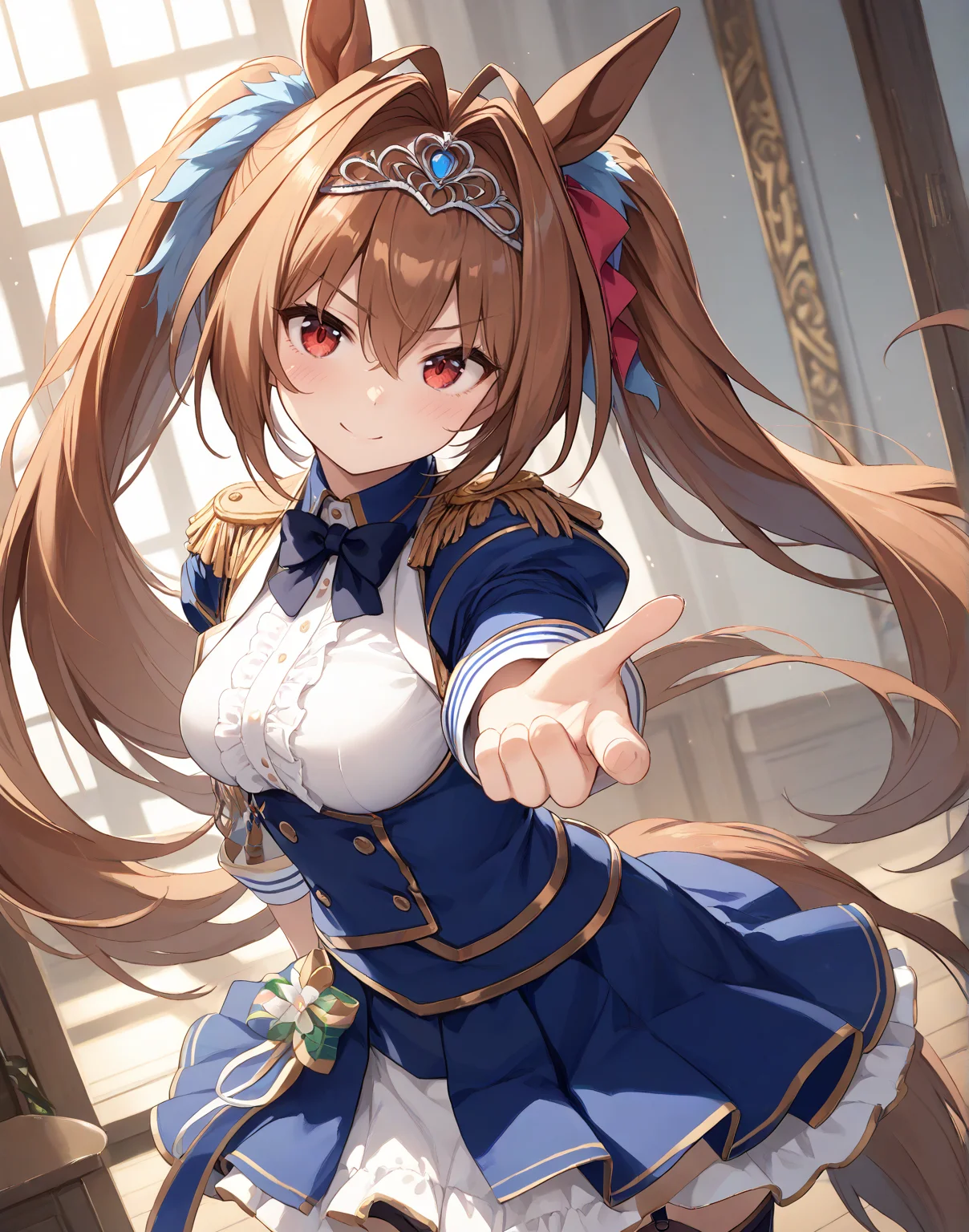 score_9, score_8_up, score_7_up, official art, masterpiece, high quality, megami magazine, official style, game cg, 1girl, (looking at viewer:1.4), (closed mouth:1.0), , smile, , Dancing with one arm swinging overhead, from behind, ,
Dasuka,horse tail, horse ears, brown hair, very long hair, bow, hair intakes, red eyes, <lora:Dasuka-ponyXL:1>,
Dasuka_Race, twintails, epaulettes, skirt, long sleeves, tiara, garter straps, thighhighs, ,
,