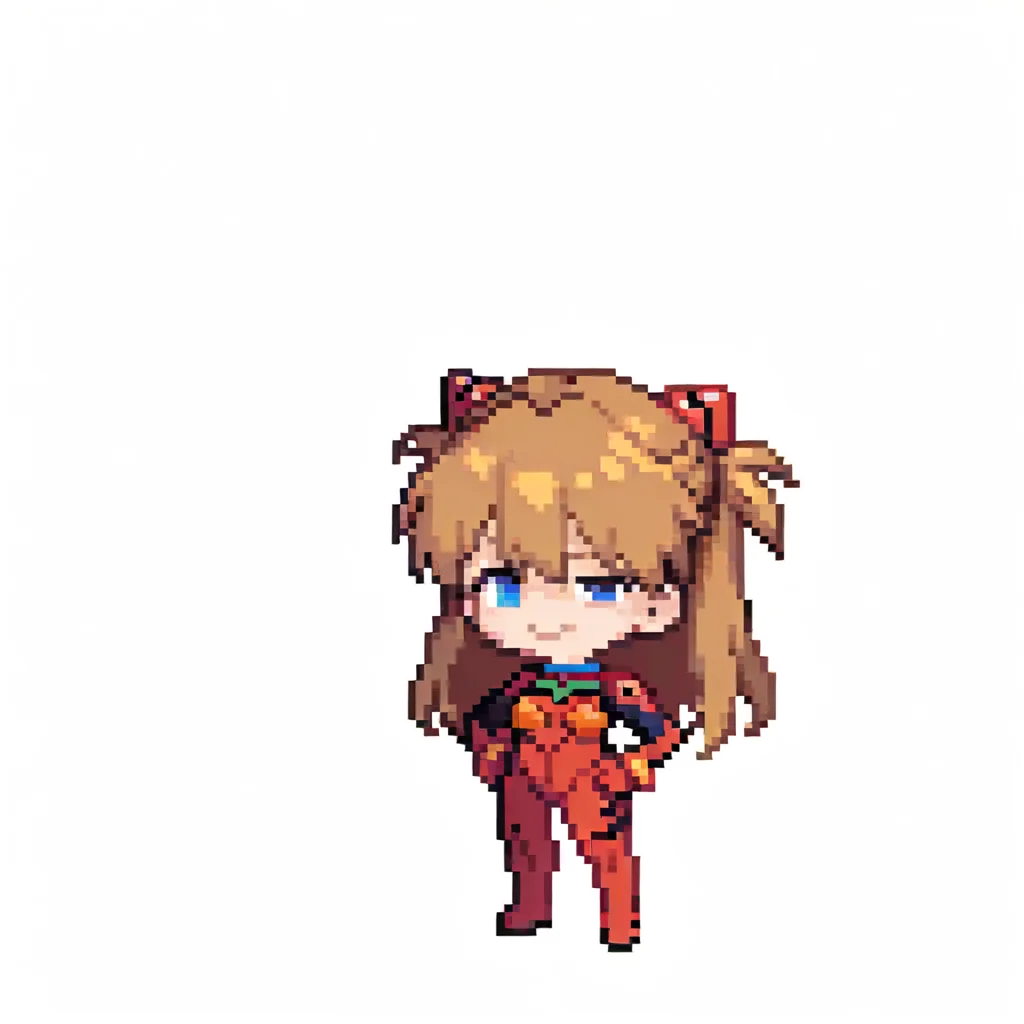 pixel art, chibi,
1girl, asuka langley, red plugsuit, smug,
solo, standing, full body, looking at viewer,
(white background, simple background:1.3), <lora:ElinSpriteNoobLocon_byKonan:1>