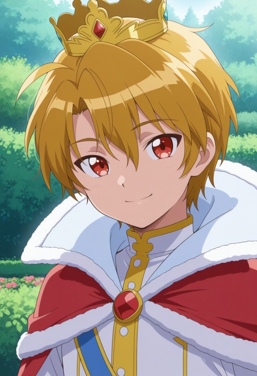 masterpiece,best quality,amazing quality, source_anime, 
Buraito, 1boy, male focus, solo, red eyes, blonde hair, crown, jacket, white jacket, cape, red cape, smile, portrait,
outdoor, garden,