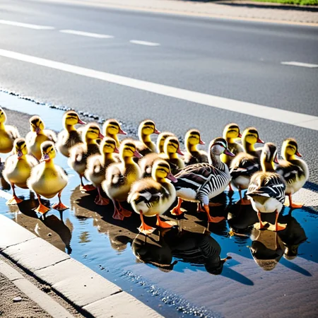 flock of ducks, flock of ducklings, walking, zebra crossing