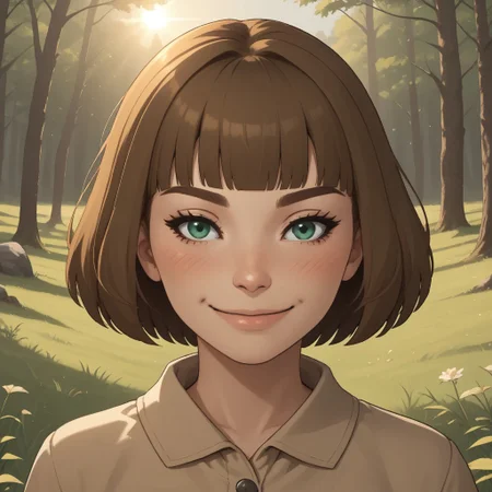 score_9, score_8, BREAK, solo, Millie_WSC, dark brown hair, short hair, blush, green eyes, sexy pose, smile, outdoors, sunlight, shadows, evening lighting, natural lighting, forest, trees, grass, orange sky, sunset