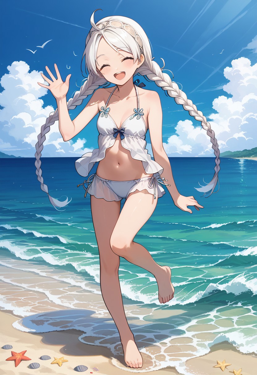 score_9, score_8_up, masterpiece, best quality, correct anatomy, detailed background, anime_source, 1girl, solo, alone, outdoors, beach, sea, barefoot, bare shoulders, exposed belly,
nina,white hair, long braids, twin braids, closed eyes, white headband, buttoned headband, white bikini, ahoge, exposed arms, bare arms,
standing in one leg, happy smile, open mouth, blush, looking at viewer, waving,