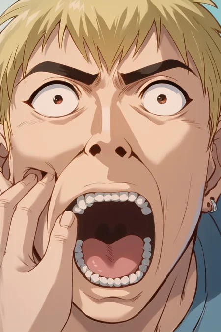 score_9, score_8_up, score_7_up, source_anime BREAK Ekiti Onizuka, muscular, blonde hair, brown eyes, short hair, ear piercing, t-shir, cargo pants, <lora:Ekiti_OnizukaSDXL:1>, wide eyed, meme face, screaming, hand on face, portrait, close up, background bedroom, masterpiece, 4k, best quality