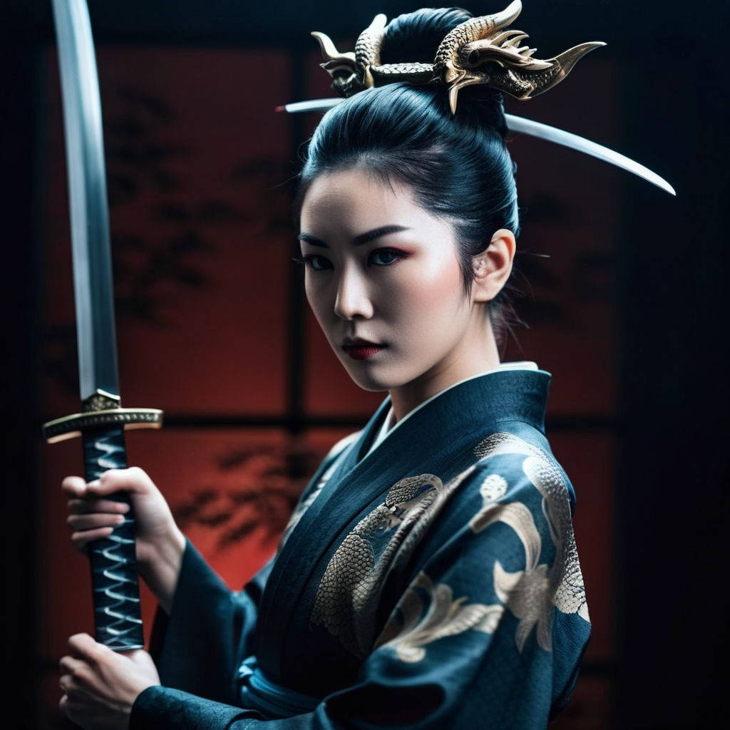 cinematic film still of  <lora:female samurai style:1.2>
an epic cinematic photo of a geisha woman with an epic dragon tattoo holding a and epic legendary sword in a dark studio female samurai style, shallow depth of field, vignette, highly detailed, high budget, bokeh, cinemascope, moody, epic, gorgeous, film grain, grainy