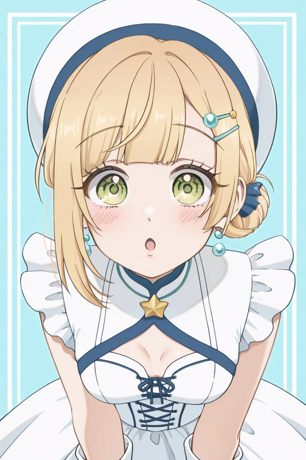 <lora:HoneyLemonSoda:1>, HoneyLemonSoda, 1girl, solo, gloves, white gloves, hair ornament, hat, looking at viewer, dress, hair bun, blush, :o, white headwear, hairclip, jewelry, star \(symbol\), breasts, white dress, skirt, cross-laced clothes, earrings, single hair bun