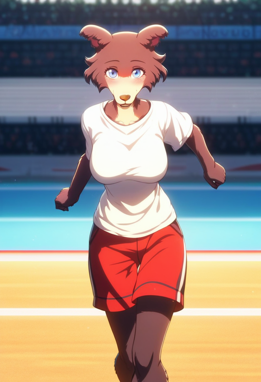 zPDXL, score_9,score_8_up,score_7_up,_up, best quality, amazing quality, masterpiece, 1girl, looking at viewer, solo, fullbody, cute, blush, juno, <lora:Juno-03:1> , wolf girl, animal ears, animal nose, brown fur, blue eyes, red shorts, white shirt, sweat, outdoors, running, training, stadium, contour_deepening,depth of field, huge filesize,wallpaper,background,large breasts, blurry background