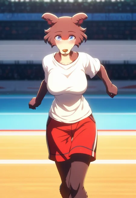 zPDXL, score_9,score_8_up,score_7_up,_up, best quality, amazing quality, masterpiece, 1girl, looking at viewer, solo, fullbody, cute, blush, juno, <lora:Juno-03:1> , wolf girl, animal ears, animal nose, brown fur, blue eyes, red shorts, white shirt, sweat, outdoors, running, training, stadium, contour_deepening,depth of field, huge filesize,wallpaper,background,large breasts, blurry background