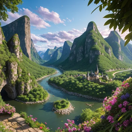 POV, wide angle shot, high vantage point, (Establishing shot), overlooking beautiful fantasy world with lush vegetation, winding rivers, sprawling landscape, (mountains:1.1), (castles:0.8), natural lighting, [god rays[, raytracing, particle effects, vivid colors, (highly detailed, hyperdetailed, intricate), photorealism, photographed on a Nikon D850, 24mm ultra wide lens, 8k resolution, Award-winning photography
