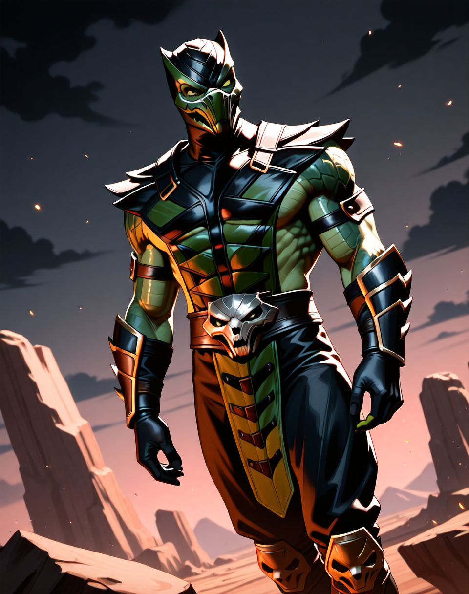 <lora:Reptile_X_(Mortal_Kombat)_(Illustrious)_(AD):0.85> Reptile_MK, muscular, Mortal Kombat, 
dutch angle, exterior, monumental architecture, wasteland, dark night sky with black clouds, 
male focus, gradient coloring, villain, intimidating, fierce, 
BREAK very awe, aesthetically pleasing, masterpiece, best quality, amazing quality, very aesthetic, perfect depth of field shot, in'ei, source_furry, furry_art, 
Smooth Quality, lazympos, IllustQualXL_Pos,