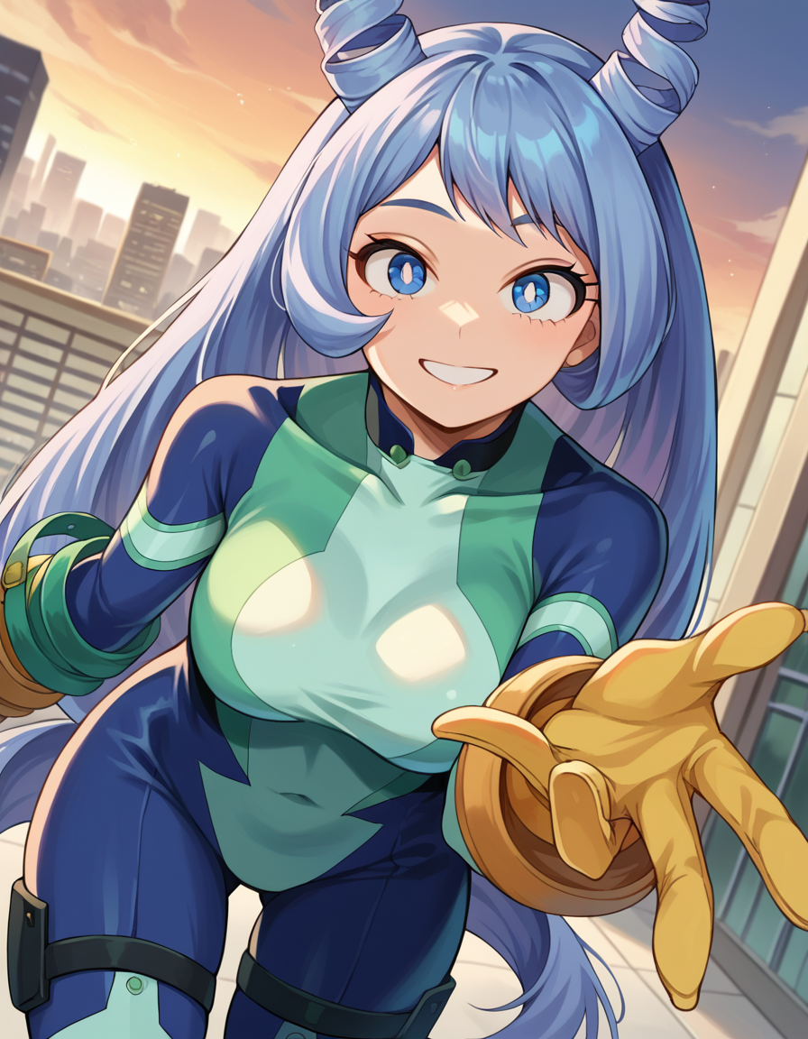 score_9, score_8_up, score_7_up, source_anime,
nejirehadou, <lora:nejire-hadou-ponyxl-lora-nochekaiser:1>
nejire hadou, blue eyes, blue hair, long hair, smile,
blue bodysuit, bodysuit, drill hair, gloves, green bodysuit, multicolored bodysuit, multicolored clothes, yellow gloves, horns,
outdoors, cityscape, bent over,
looking at viewer, dutch angle, cowboy shot,