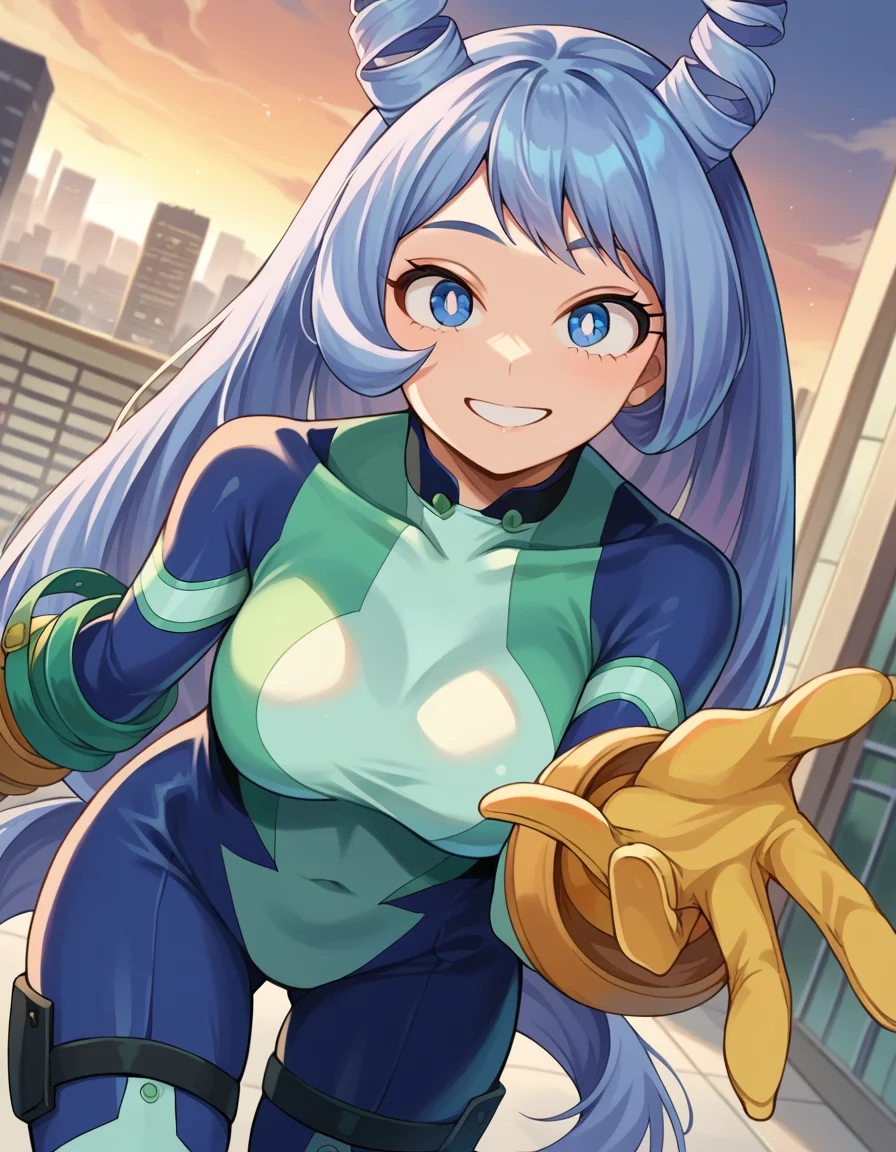 score_9, score_8_up, score_7_up, source_anime,
nejirehadou, <lora:nejire-hadou-ponyxl-lora-nochekaiser:1>
nejire hadou, blue eyes, blue hair, long hair, smile,
blue bodysuit, bodysuit, drill hair, gloves, green bodysuit, multicolored bodysuit, multicolored clothes, yellow gloves, horns,
outdoors, cityscape, bent over,
looking at viewer, dutch angle, cowboy shot,