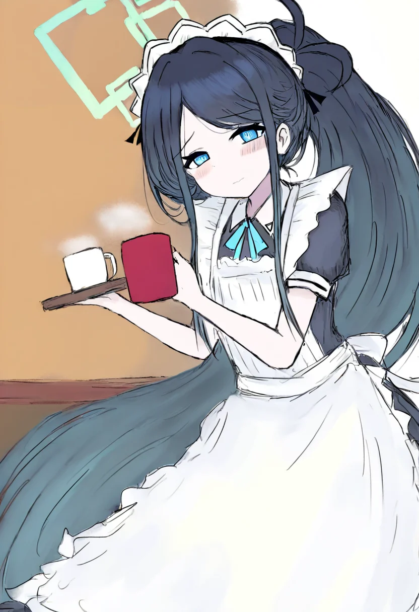 aris \(maid\) \(blue archive\), 1girl, apron, blue eyes, blue hair, blush, coffee mug, cup, green halo, halo, long hair, looking at viewer, maid apron, maid headdress, mug, simple background, solo, very long hair, white background
masterpiece,best quality,high definition,ultra-detailed,<lora:Black_Souls:1>, bl ls,